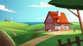 Colorful countryside landscape with a beautiful village house. Rural location. Cartoon modern vector illustration