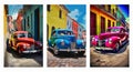 Colorful Coupe car on the streets. Multicolor old building. modern canvas wall poster