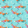 Colorful couple fish is kissing seamless pattern