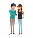 Colorful couple students standing of boy with music player and and girl with wavy hair in casual clothes