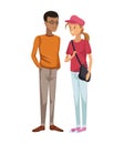 Colorful couple students standing of brunette boy with glasses and blonded girl with cap and bag side Royalty Free Stock Photo