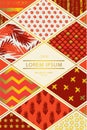 Colorful cover in patchwork style in red shades with gold elements