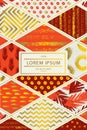 Colorful cover in patchwork style in red shades with gold elements for cover brochure, flyer, poster, book, invitation card.