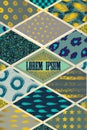 Colorful cover in patchwork style in turquoise shades with gold elements.