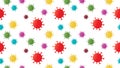 Colorful covid-19 coronavirus illustration. Seamless background design pattern. Yellow, red orange, green, tosca blue, purple Royalty Free Stock Photo