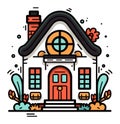 Colorful cozy cottage house with plants, chimney and round attic window. Cartoon style home exterior with vibrant colors Royalty Free Stock Photo