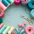 Colorful craft materials on blue surface, spools, yarn, scissors evoke artistic expression Royalty Free Stock Photo