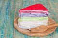 Colorful crape cake on wood table Royalty Free Stock Photo