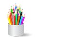 Colorful crayon colored pencils in cup holder vector illustration Royalty Free Stock Photo