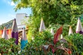 Colorful crayon pencils placed as a fence surrounding a garden Royalty Free Stock Photo