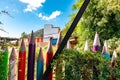 Colorful crayon pencils placed as a fence surrounding a garden Royalty Free Stock Photo