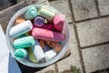 Multicolored crayons in a plastic bucket. Top view Royalty Free Stock Photo