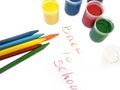 Colorful crayons and water-colors, back to school Royalty Free Stock Photo