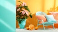 Colorful creative banner with wooden chair cushion flowers citrus fruits in pop art style. Orange pink blue green yellow color