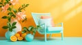 Colorful creative banner with wooden chair cushion flowers citrus fruits in pop art style. Orange pink blue green yellow color