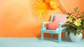 Colorful creative banner with wooden chair cushion flowers in pop art style. Orange pink blue green yellow color palette