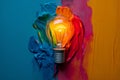 Colorful creative idea concept with lightbulb made from colorful paint. The image is generated with the use of an AI. Royalty Free Stock Photo