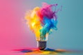 Colorful creative idea concept with lightbulb made from colorful paint. The image is generated with the use of an AI. Royalty Free Stock Photo