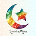 Colorful crescent moon and star on calligraphy background