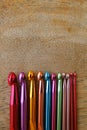 Colorful crochet hooks and granny squares Royalty Free Stock Photo