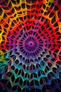 Colorful crochet pattern with black background and rainbow center. Generative AI