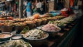 Colorful crockery decorated the seafood vendor stall generated by AI