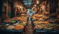 Colorful crowded fish market offers abundance of fresh seafood variety generated by AI Royalty Free Stock Photo