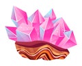 Colorful crystal cluster on striated rock base. Geometric pink minerals illustration. Nature wonders and geology vector