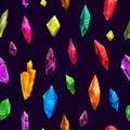 Colorful crystal pattern in modern style, fancy diamonds on black background.