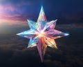 a colorful crystal star in the sky with clouds in the background