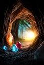 Colorful crystals in a sunlit forest cave opening Royalty Free Stock Photo
