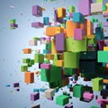 Colorful Cube Chaos: A Dynamic 3D Explosion on Light Blue Canvas Royalty Free Stock Photo