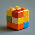 A colorful cube made out of lego blocks on a gray surface