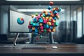 Colorful Cubes Exploding from Computer Monitor with Data Visualization Royalty Free Stock Photo