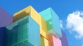 Colorful cubes in a geometric pattern. Abstract architectural composition, against the background of the blue sky. AI Royalty Free Stock Photo