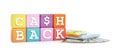 Colorful cubes with word Cashback, money, calculator and notebook on white background