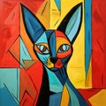 Colorful Cubist Art: Original Sphinx Cat Painting By American Artist