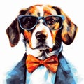 Colorful Cubist Portrait Of A Majestic Dog In Glasses And Bow Tie