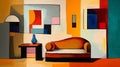 Colorful Cubist Still Life Painting Of Couch And Table