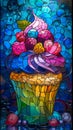 Colorful cupcake with berries In the form of stained glass art. Royalty Free Stock Photo