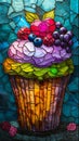 Colorful cupcake with berries In the form of stained glass art. Royalty Free Stock Photo