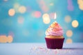 Colorful Cupcake With Lighted Candle On Colorful Background, Empty Space. Generative AI