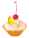 Colorful cupcake with pink frosting, a slice of orange and cherry on top. Delicious sweet dessert digital art. Cute Royalty Free Stock Photo