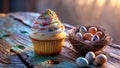 Festive Easter Cupcake with Colorful Sprinkles and a Nest of Decorated Eggs on Rustic Wood Royalty Free Stock Photo