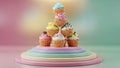 Colorful Cupcake Tower with Sprinkles and Icing on Pastel Platform Royalty Free Stock Photo