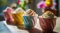 Colorful cupcakes with creamy topping on a sunny table