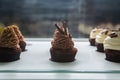 Colorful cupcakes with different Tastes. Small beautifull cakes on white table top.