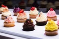 Colorful cupcakes with different Tastes. Small beautifull cakes on white table top.