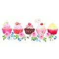 Colorful cupcakes with flowers vector design stripe