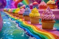 Colorful cupcakes with vibrant icing on a whimsical background